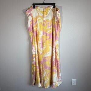 eShakti Yellow Pink White Swirled Wide Leg Sheer Flowy Pants Womens 2X